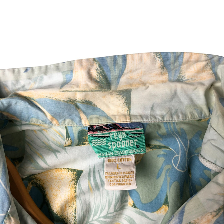 80s-90'S Reyn Spooner Diamond Head Tag All-Over Pattern Open Collar Hawaiian Aloha Shirt Women's L Size cotton Blue type light blue Vintage Second Hand
