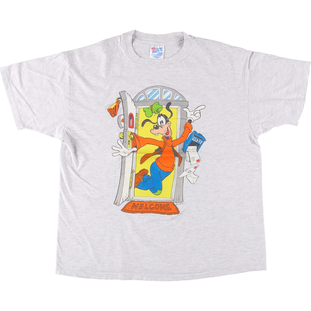 90'S Hanes GOOFY character print T-shirt, made in USA, men's XL size, vintage cotton gray type Vintage Second Hand