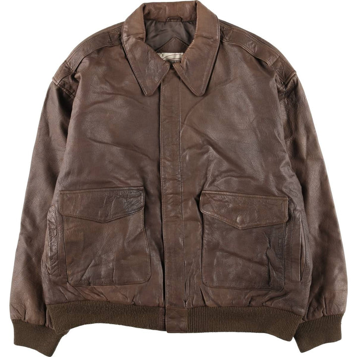 JOHN ASHFORD A-2 Style Hidden Button-Down Padded Leather Flight Jacket, Men's XL genuine leather brown type Vintage Second Hand