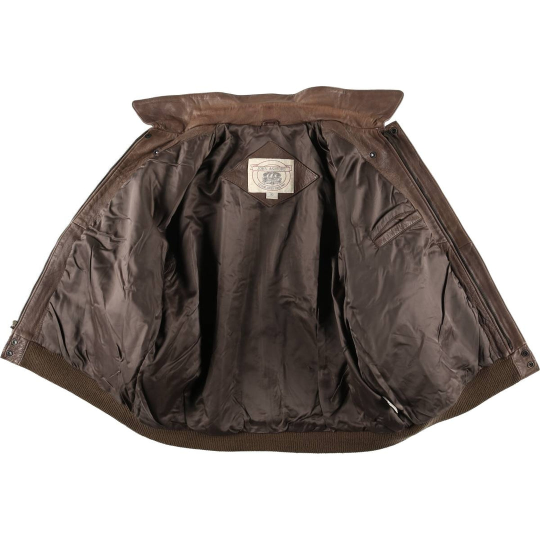 JOHN ASHFORD A-2 Style Hidden Button-Down Padded Leather Flight Jacket, Men's XL genuine leather brown type Vintage Second Hand