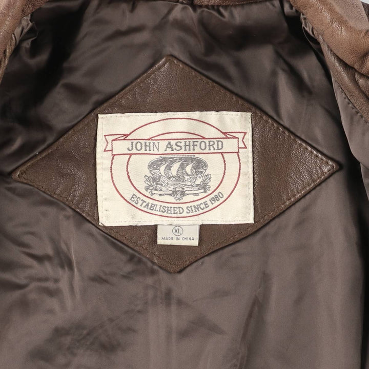 JOHN ASHFORD A-2 Style Hidden Button-Down Padded Leather Flight Jacket, Men's XL genuine leather brown type Vintage Second Hand