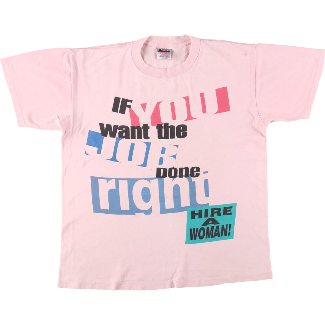 90'S ONEITA POWER-T Message Print T-Shirt Made in USA Men's L Size Vintage cotton pink type Vintage Second Hand