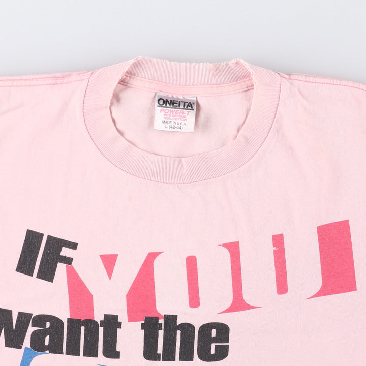 90'S ONEITA POWER-T Message Print T-Shirt Made in USA Men's L Size Vintage cotton pink type Vintage Second Hand