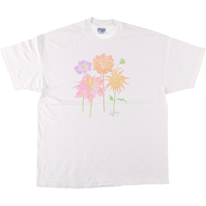 90'S Hanes BEEFY-T Floral Print T-Shirt Made in USA Men's XL Vintage cotton white type Vintage Second Hand