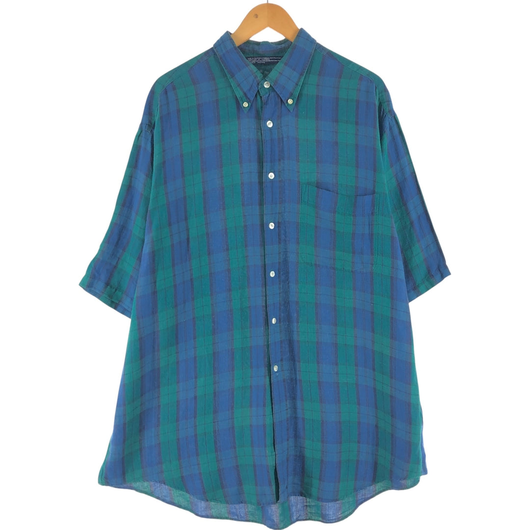 90'S Nautica Blackwatch Check Short Sleeve Linen x Rayon Button Down Shirt Men's XL Vintage linen green type Vintage Second Hand