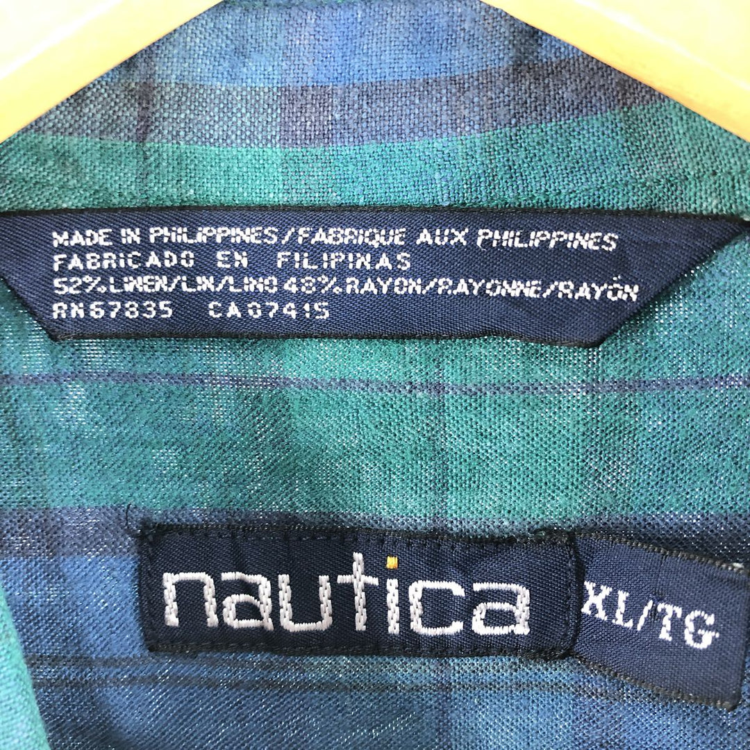 90'S Nautica Blackwatch Check Short Sleeve Linen x Rayon Button Down Shirt Men's XL Vintage linen green type Vintage Second Hand