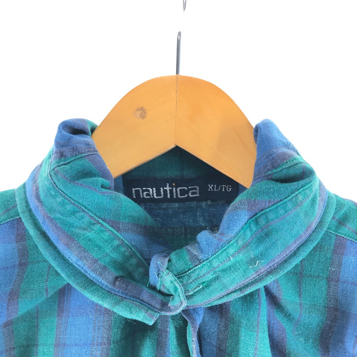 90'S Nautica Blackwatch Check Short Sleeve Linen x Rayon Button Down Shirt Men's XL Vintage linen green type Vintage Second Hand