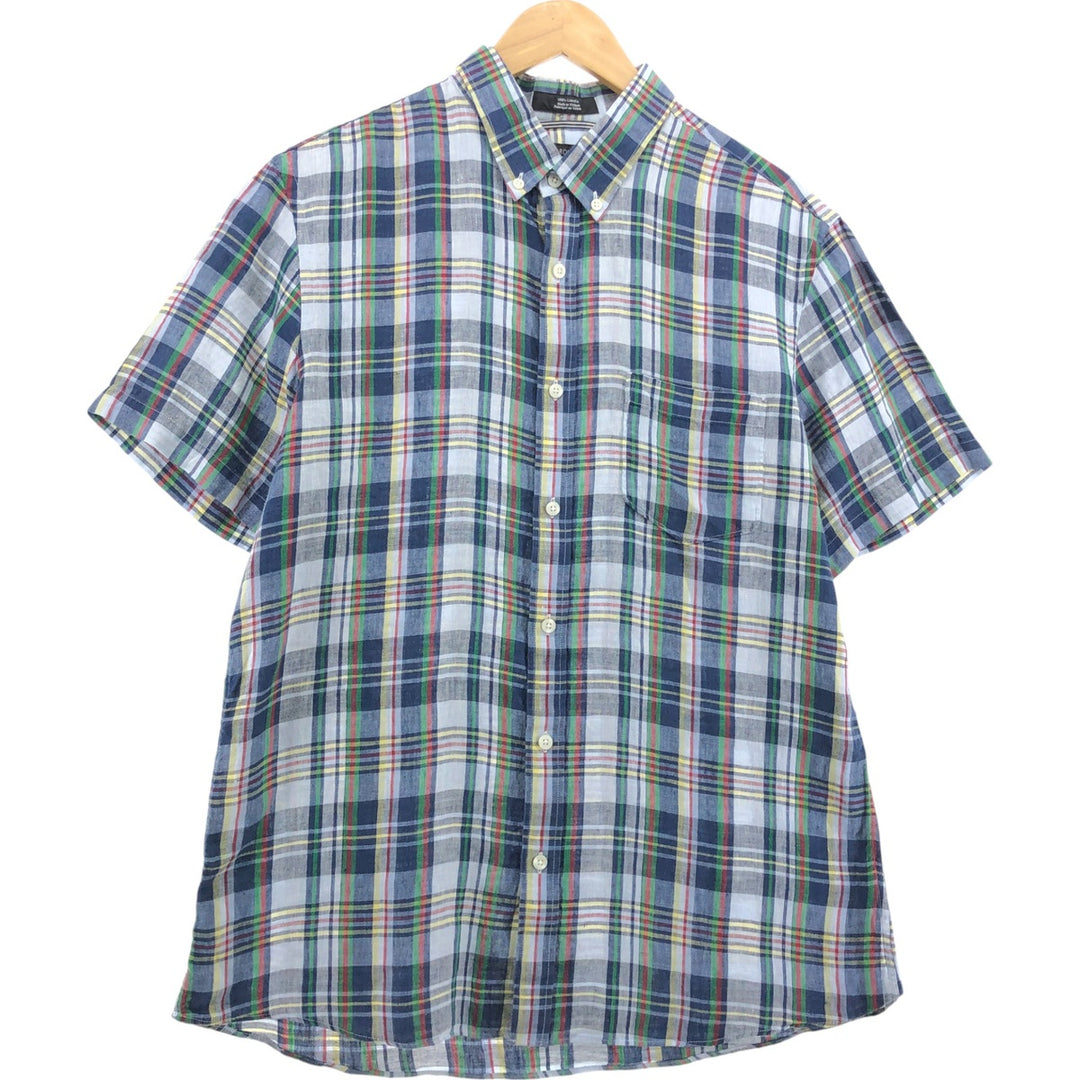 Nordstrom Trim Fit Check Pattern Short Sleeve Linen Button Down Shirt Men's Size L linen navy blue type Vintage Second Hand
