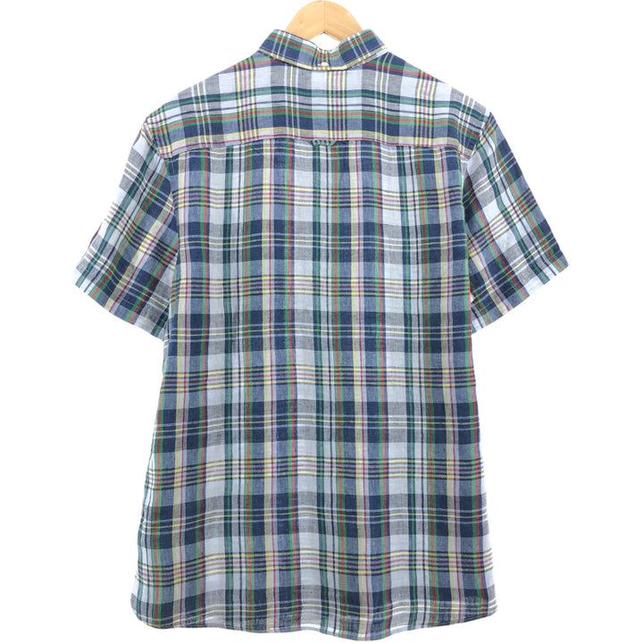 Nordstrom Trim Fit Check Pattern Short Sleeve Linen Button Down Shirt Men's Size L linen navy blue type Vintage Second Hand