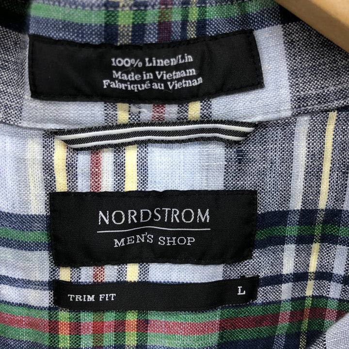 Nordstrom Trim Fit Check Pattern Short Sleeve Linen Button Down Shirt Men's Size L linen navy blue type Vintage Second Hand