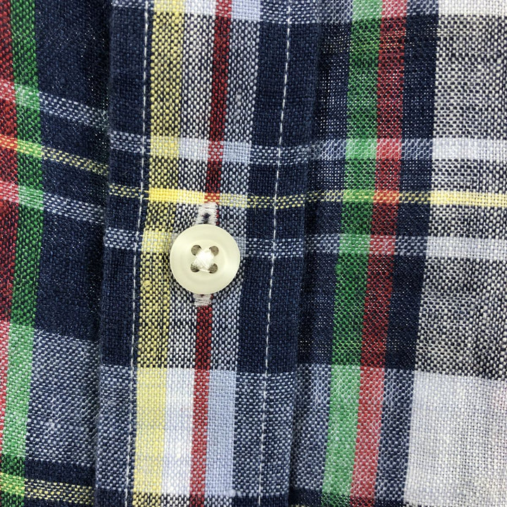 Nordstrom Trim Fit Check Pattern Short Sleeve Linen Button Down Shirt Men's Size L linen navy blue type Vintage Second Hand