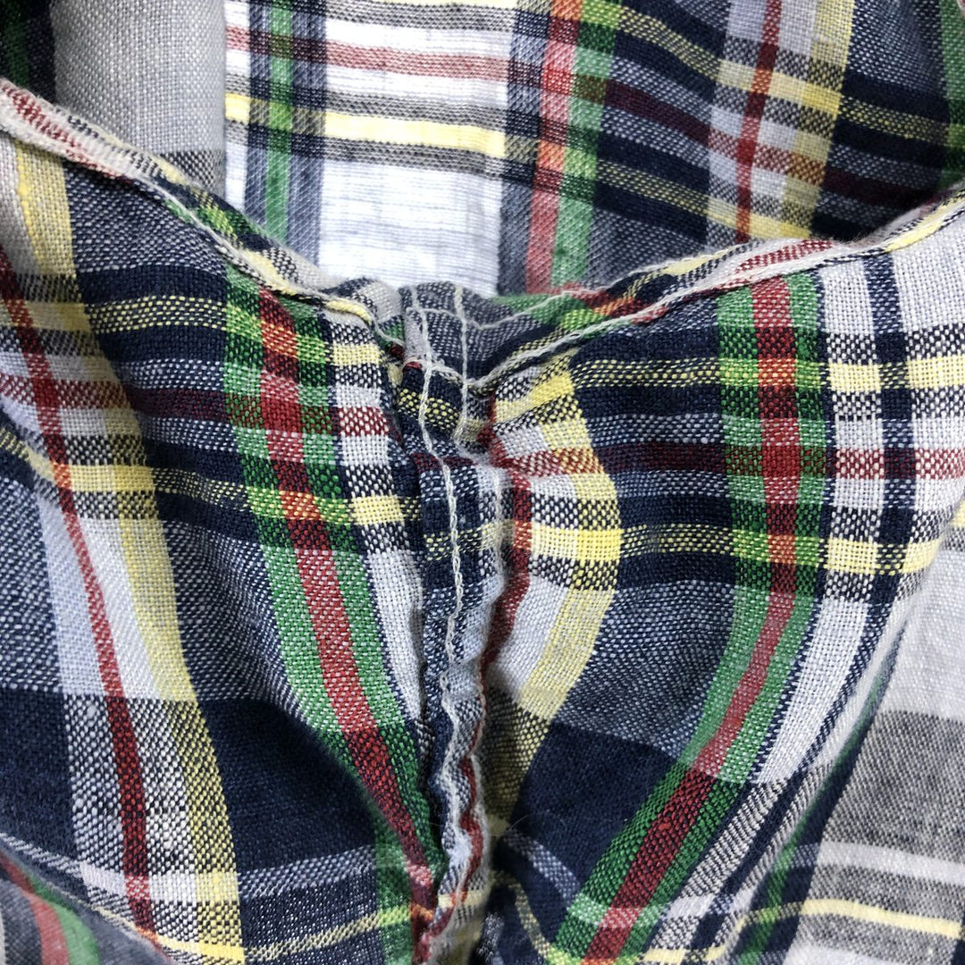 Nordstrom Trim Fit Check Pattern Short Sleeve Linen Button Down Shirt Men's Size L linen navy blue type Vintage Second Hand