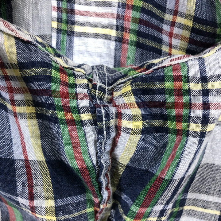 Nordstrom Trim Fit Check Pattern Short Sleeve Linen Button Down Shirt Men's Size L linen navy blue type Vintage Second Hand