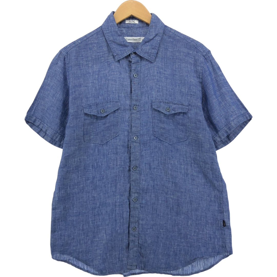00s~ Calvin Klein short sleeve linen shirt, men's size M linen blue type Vintage Second Hand
