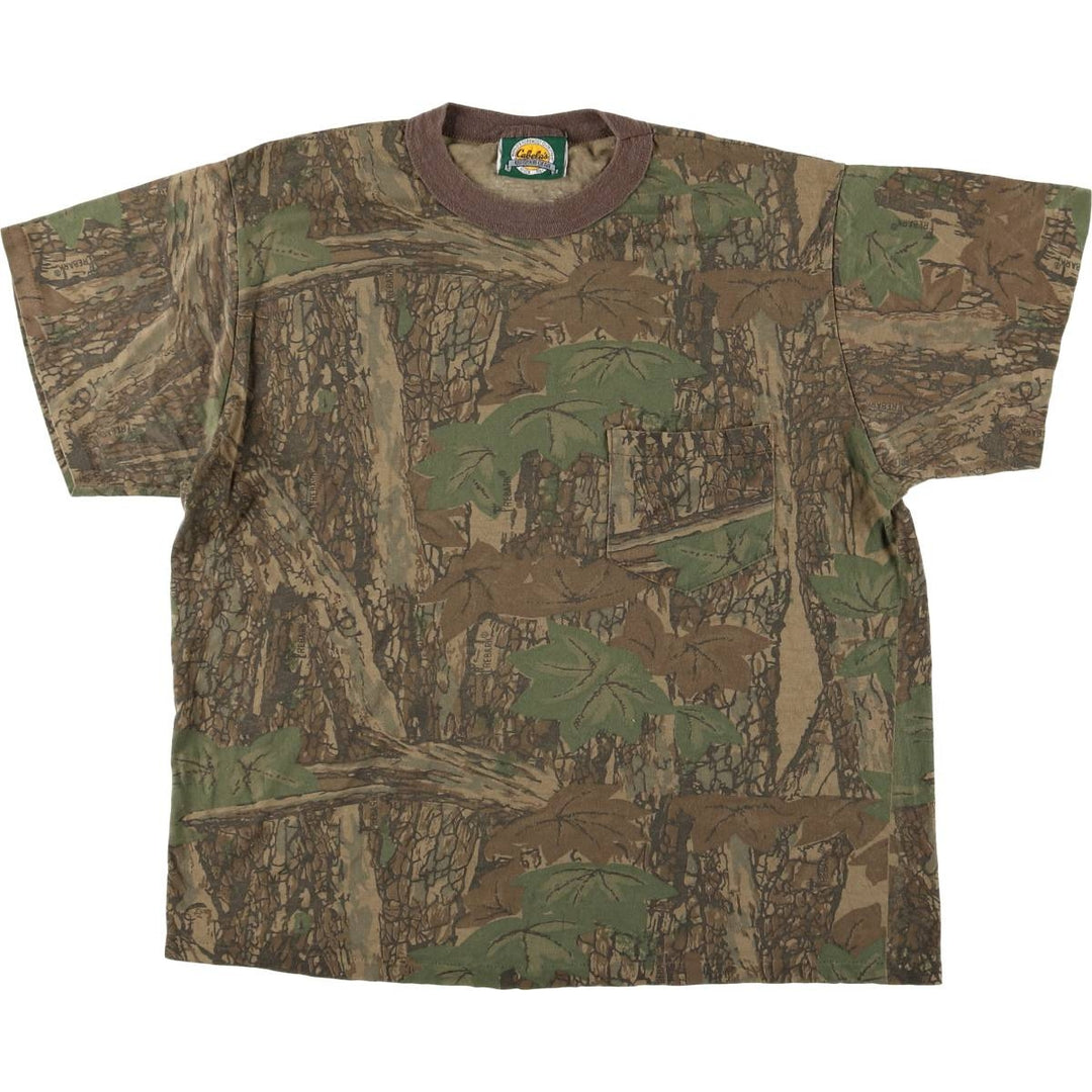 90s-00'S Cabela's Camouflage Pattern Realtree Camo Short Sleeve Pocket T-Shirt, Made in USA, Men's Size Large, Vintage cotton Khaki type Vintage Second Hand