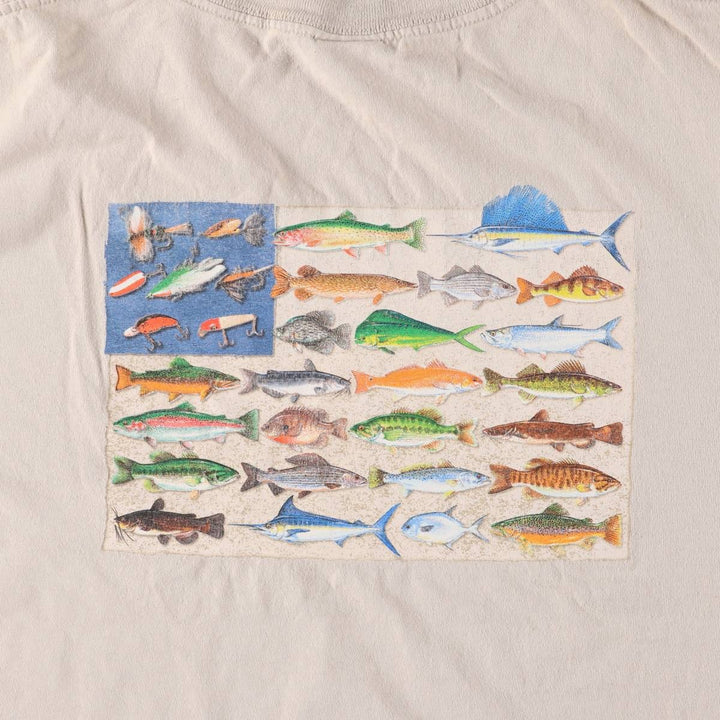 Columbia Fish Print Short Sleeve Logo T-Shirt, Men's XL cotton pale white type Vintage Second Hand