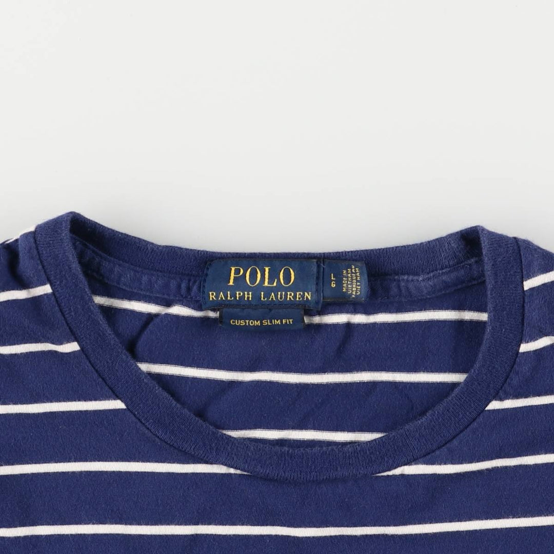 Ralph Lauren POLO RALPH LAUREN CUSTOM SLIM FIT short sleeve striped T-shirt men's size L cotton navy blue type Vintage Second Hand
