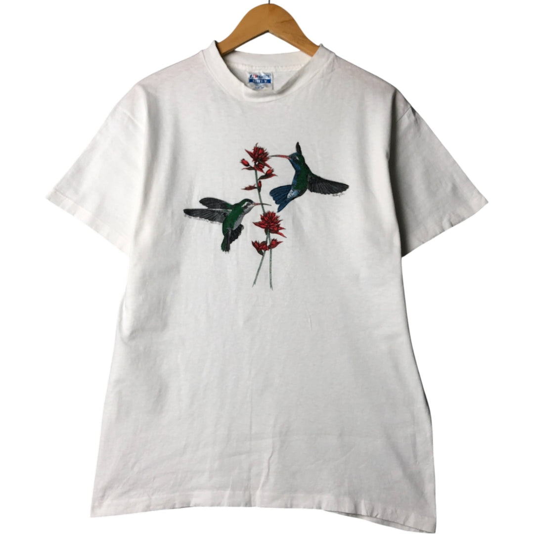 Vintage 90'S Hanes BEEFY-T Blue Tag Bird Animal Print T-Shirt, Made in USA, Men's Size L cotton white type Vintage Second Hand