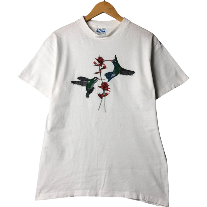 Vintage 90'S Hanes BEEFY-T Blue Tag Bird Animal Print T-Shirt, Made in USA, Men's Size L cotton white type Vintage Second Hand