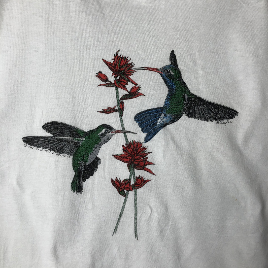 Vintage 90'S Hanes BEEFY-T Blue Tag Bird Animal Print T-Shirt, Made in USA, Men's Size L cotton white type Vintage Second Hand