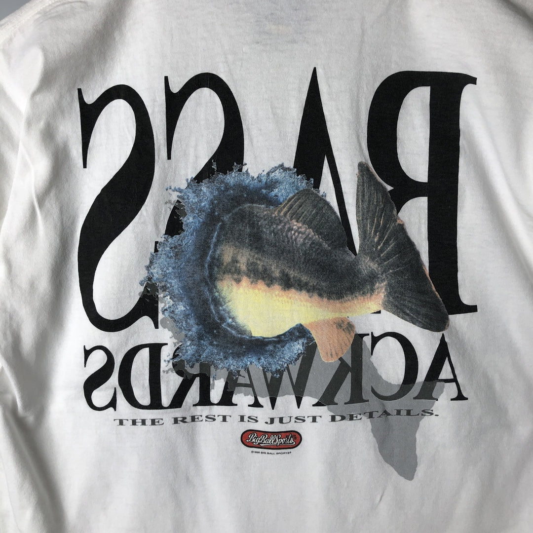 Vintage 90'S Big Ball Sports Fish Print Animal T-Shirt, Made in USA, Men's Size L cotton white type Vintage Second Hand