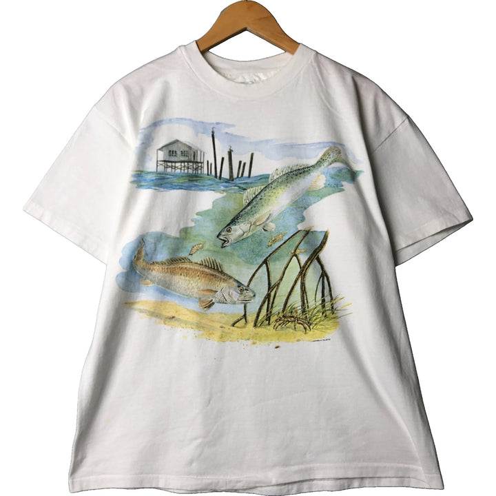 Vintage 90'S Hanes Beefy-T Blue Tag Fish Print Animal T-Shirt, Made in USA, Men's Size XL cotton white type Vintage Second Hand