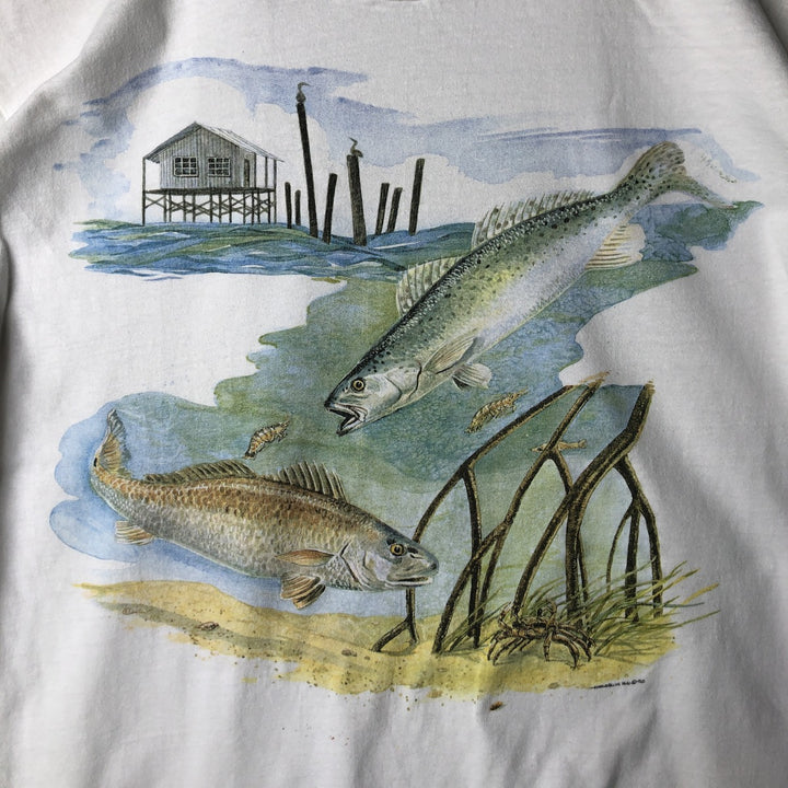 Vintage 90'S Hanes Beefy-T Blue Tag Fish Print Animal T-Shirt, Made in USA, Men's Size XL cotton white type Vintage Second Hand