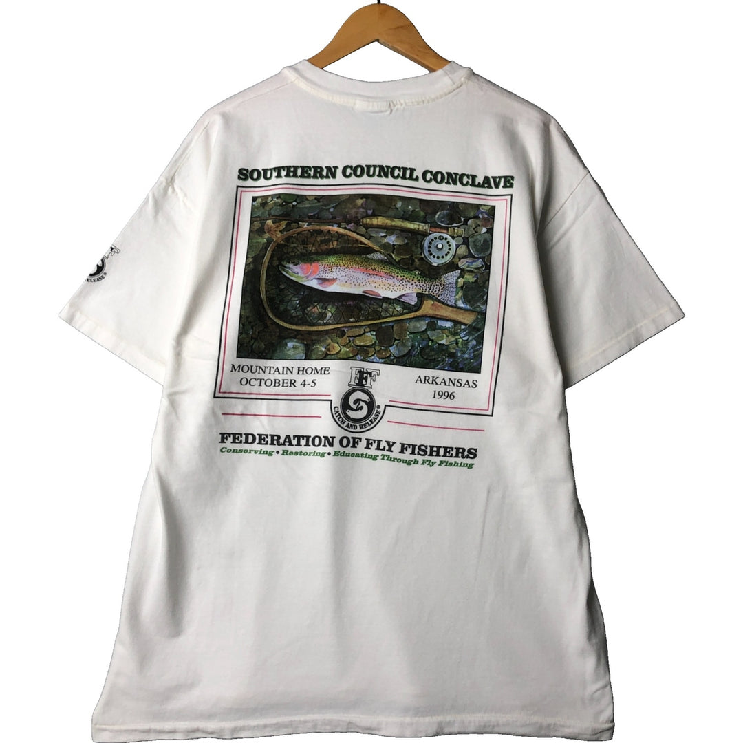 Vintage 90'S Hanes Beefy-T Blue Tag Fish Print Animal T-Shirt, Made in USA, Men's Size XL cotton white type Vintage Second Hand