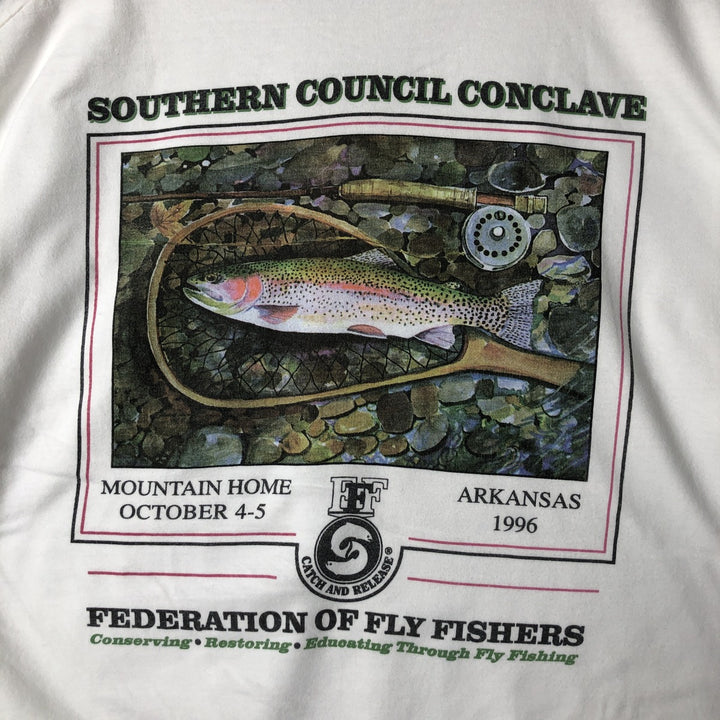 Vintage 90'S Hanes Beefy-T Blue Tag Fish Print Animal T-Shirt, Made in USA, Men's Size XL cotton white type Vintage Second Hand