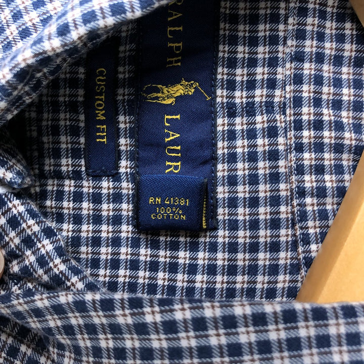 Ralph Lauren CUSTOM FIT long sleeve button down check shirt men's size M cotton navy blue type Vintage Second Hand