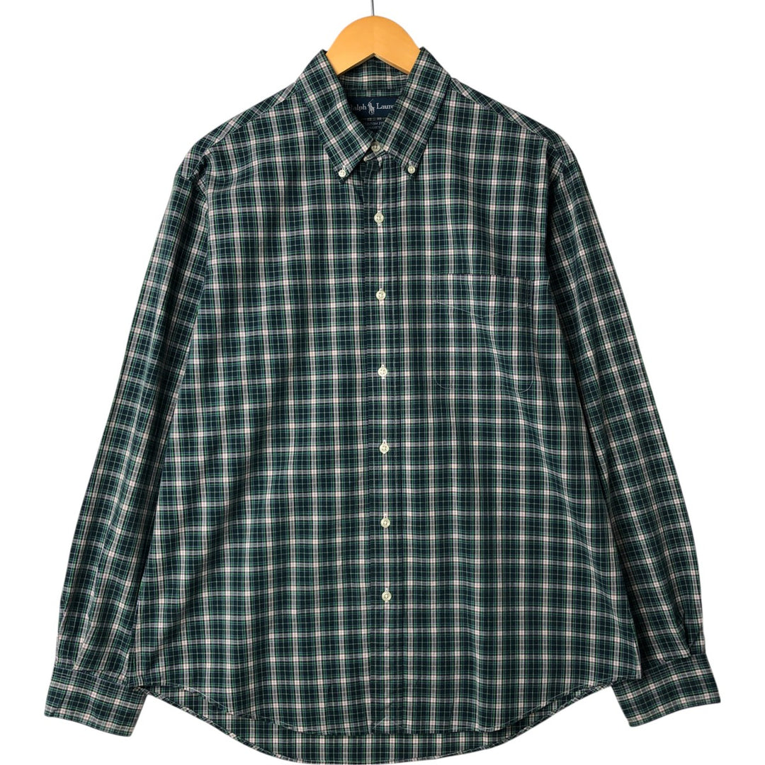 Ralph Lauren CUSTOM FIT long sleeve button down check shirt, men's size L cotton Green type dark green Vintage Second Hand