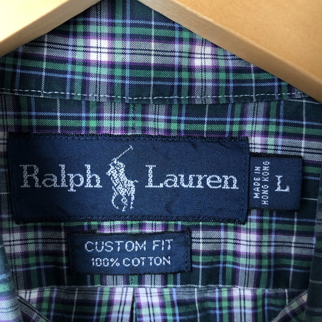 Ralph Lauren CUSTOM FIT long sleeve button down check shirt, men's size L cotton Green type dark green Vintage Second Hand