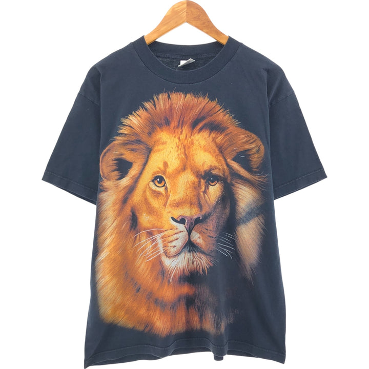 Murina Lion Pattern Large Print Animal T-Shirt Made in USA Men's L Size cotton black type Vintage Second Hand