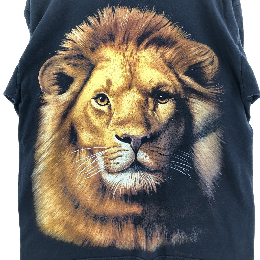 Murina Lion Pattern Large Print Animal T-Shirt Made in USA Men's L Size cotton black type Vintage Second Hand