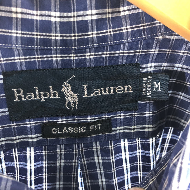 Ralph Lauren Classic Fit Short Sleeve Button Down Check Shirt Men's M cotton Navy blue Vintage Second Hand