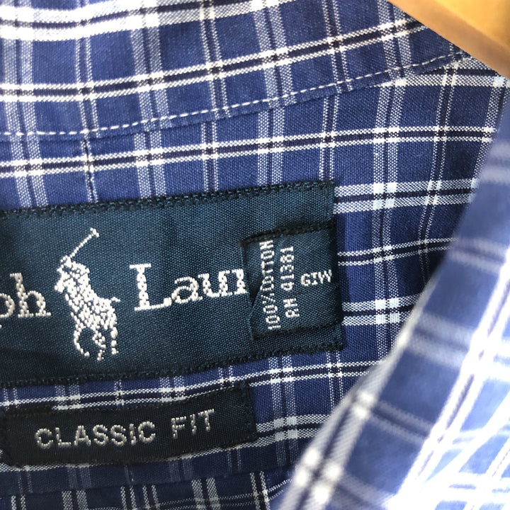 Ralph Lauren Classic Fit Short Sleeve Button Down Check Shirt Men's M cotton Navy blue Vintage Second Hand