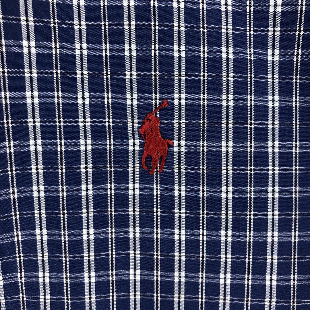 Ralph Lauren Classic Fit Short Sleeve Button Down Check Shirt Men's M cotton Navy blue Vintage Second Hand