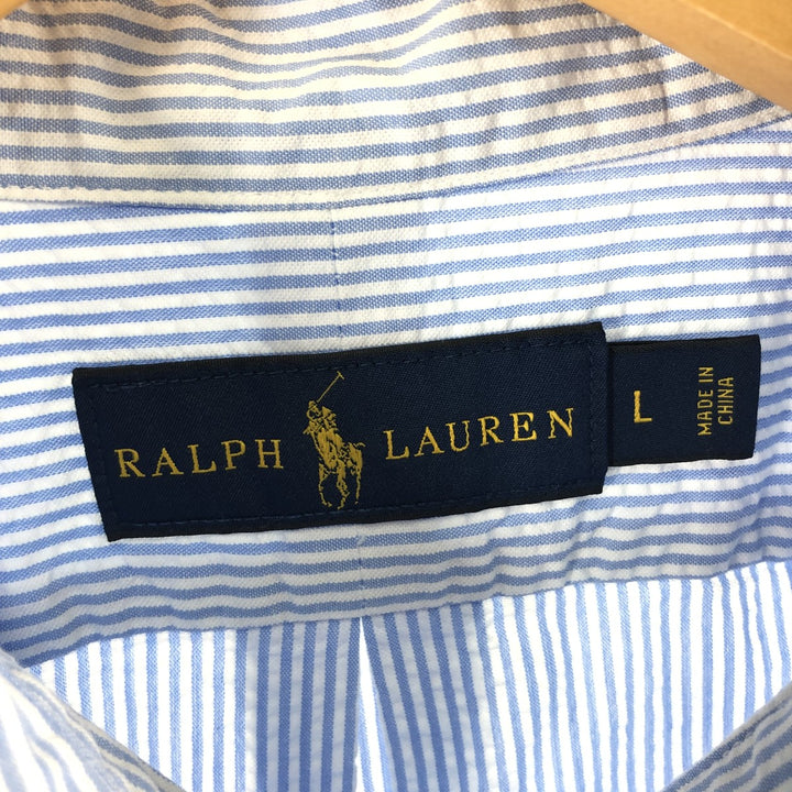 Ralph Lauren Seersucker Short Sleeve Button-Down Striped Shirt, Men's Size L cotton white type Vintage Second Hand