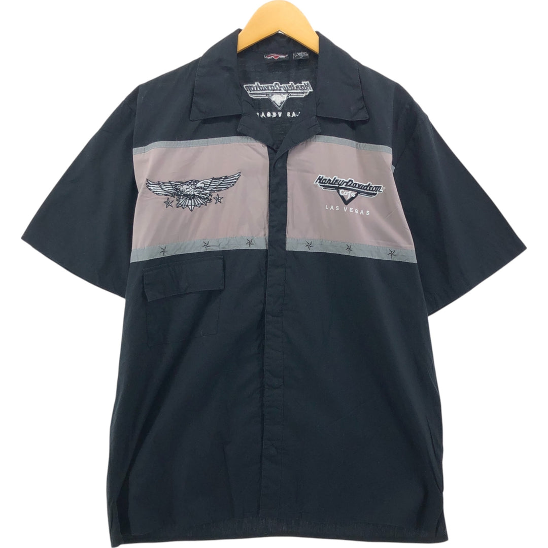 Harley-Davidson Hidden Button-Down Short Sleeve Work Shirt Box Shirt Men's Size L cotton black type Vintage Second Hand