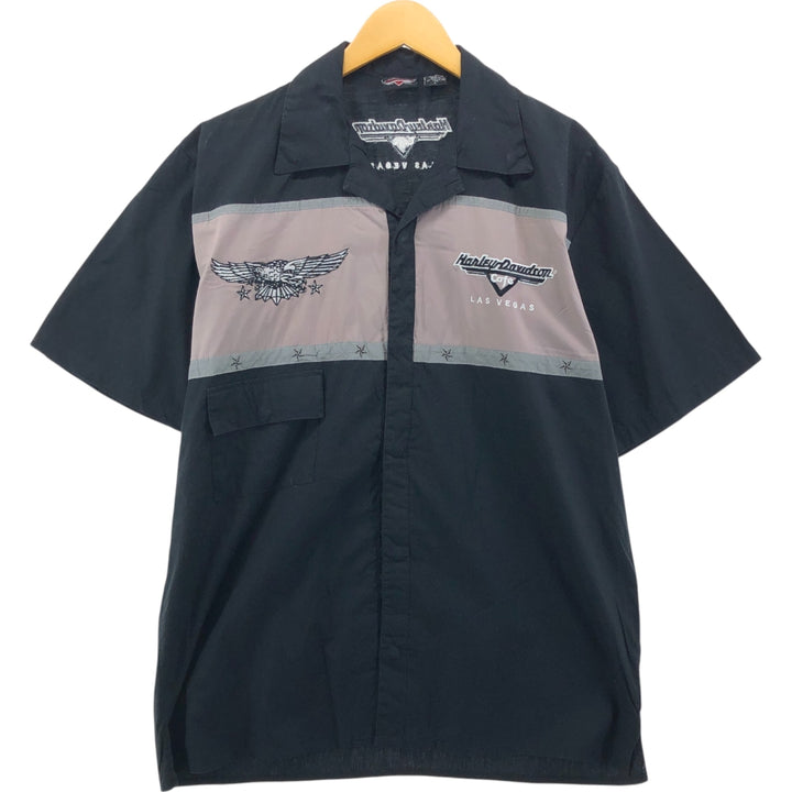 Harley-Davidson Hidden Button-Down Short Sleeve Work Shirt Box Shirt Men's Size L cotton black type Vintage Second Hand