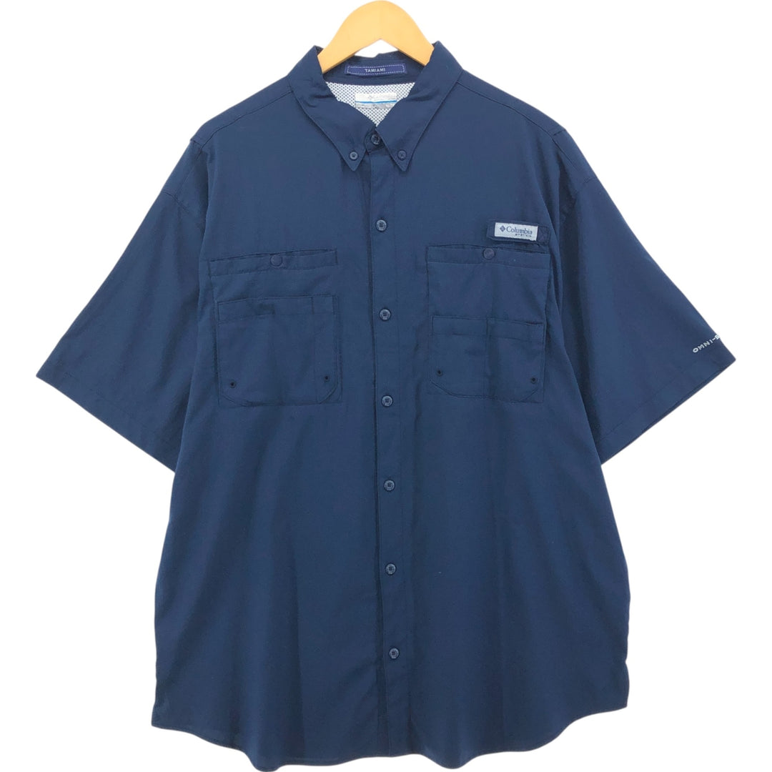 Columbia PFG OMNI-SHADE Ripstop Button-down Short Sleeve Fishing Shirt, Men's XL polyester navy blue type Vintage Second Hand
