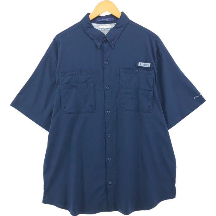 Columbia PFG OMNI-SHADE Ripstop Button-down Short Sleeve Fishing Shirt, Men's XL polyester navy blue type Vintage Second Hand