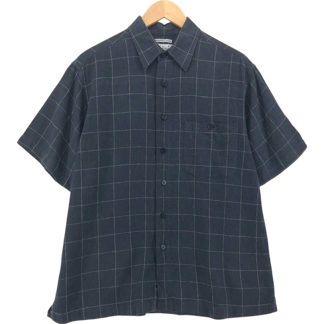 RON CHERE SKIN Check Pattern Short Sleeve Linen Shirt Box Shirt Men's M size linen black type Vintage Second Hand