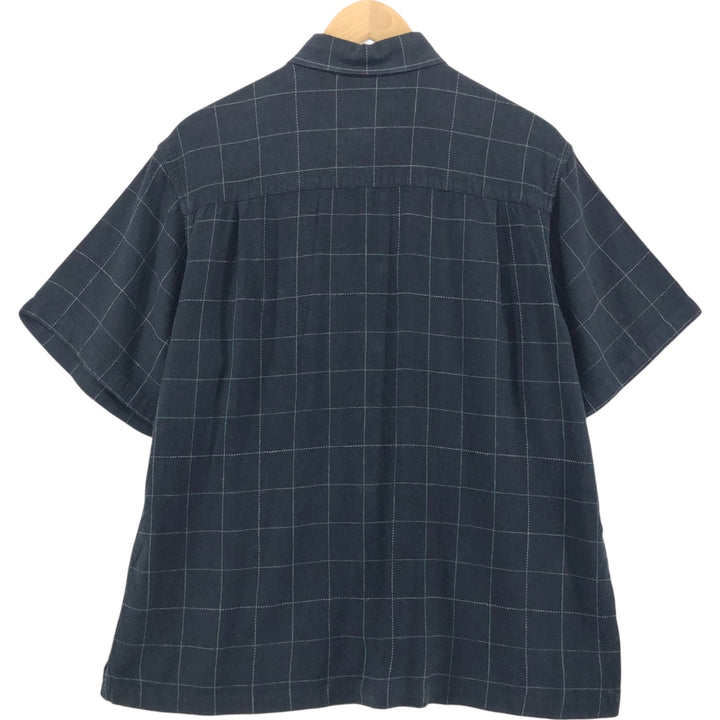 RON CHERE SKIN Check Pattern Short Sleeve Linen Shirt Box Shirt Men's M size linen black type Vintage Second Hand