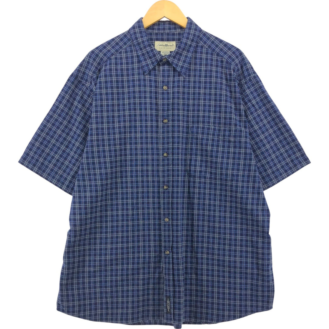 Eddie Bauer short-sleeved cotton check shirt, men's XL size cotton navy blue type Vintage Second Hand