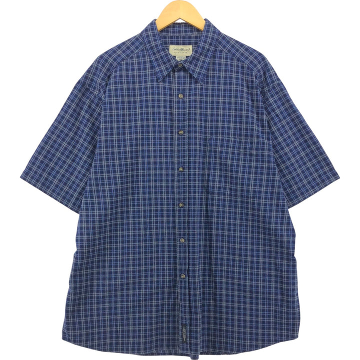 Eddie Bauer short-sleeved cotton check shirt, men's XL size cotton navy blue type Vintage Second Hand