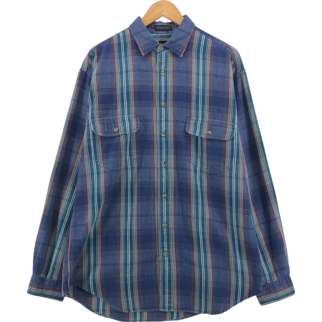 80s-90'S Eddie Bauer Black Tag ELKHORN TWILL Long Sleeve Cotton Check Shirt Men's Size L Vintage cotton navy blue type Vintage Second Hand