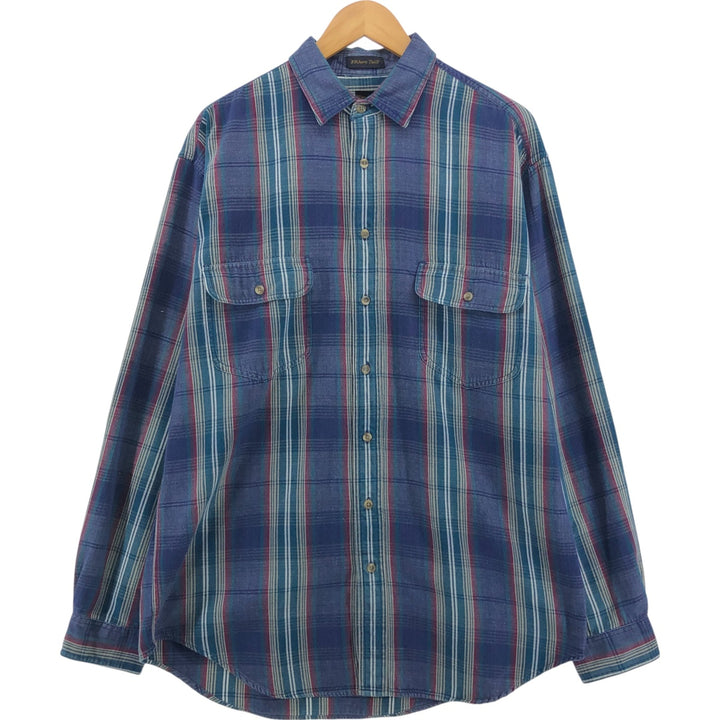 80s-90'S Eddie Bauer Black Tag ELKHORN TWILL Long Sleeve Cotton Check Shirt Men's Size L Vintage cotton navy blue type Vintage Second Hand