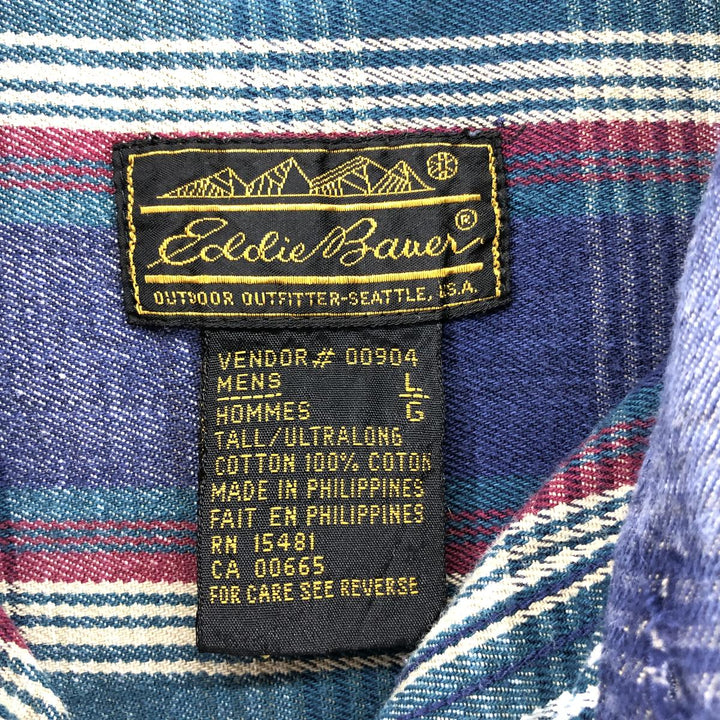 80s-90'S Eddie Bauer Black Tag ELKHORN TWILL Long Sleeve Cotton Check Shirt Men's Size L Vintage cotton navy blue type Vintage Second Hand