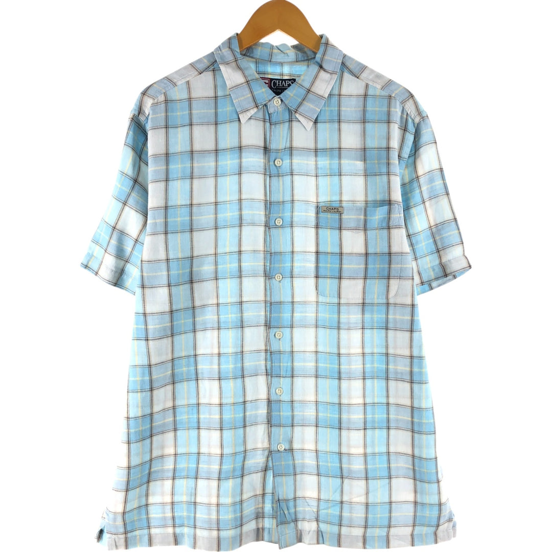 90'S Ralph Lauren CHAPS Check Pattern Short Sleeve Linen Button Down Shirt Box Shirt Men's M cotton blue type Vintage Second Hand